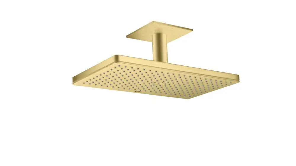 Kopfbrause in gebürstetem Messing. Flache, rechteckige Form mit mehreren Düsen auf der Oberfläche. Deckenmontage vorgesehen. Produkt von AXOR.